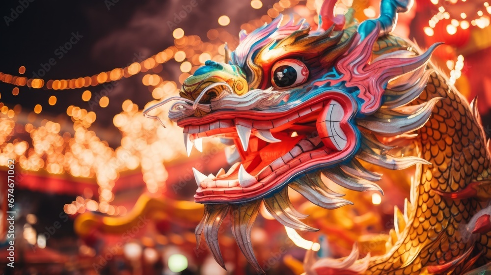 4k of Head of a Dragon with Lion Dancing in the Miaoli Hakka Lantern Festival Dragon Bombing, tradition during the Chinese New Year Celebration