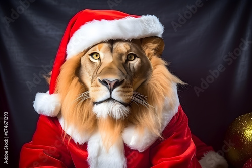 Portrait of a Lion Dressed in a Red Santa Claus Costume in Studio with Colorful Background © Mihai Zaharia