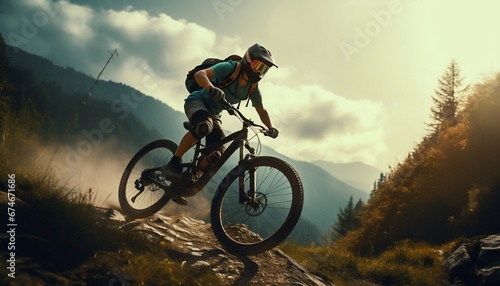 Trailblazer: Woman Mountain Biking Through Summer Forest Vistas. Generative ai © Scrudje
