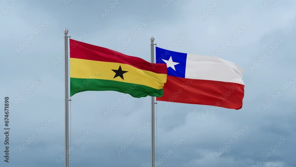 Chile flag and Ghana flag waving together on cloudy sky, endless seamless loop, two country relations concept Chile flag and Ghana flag waving together on cloudy sky, endless seamless loop, two country relations concept