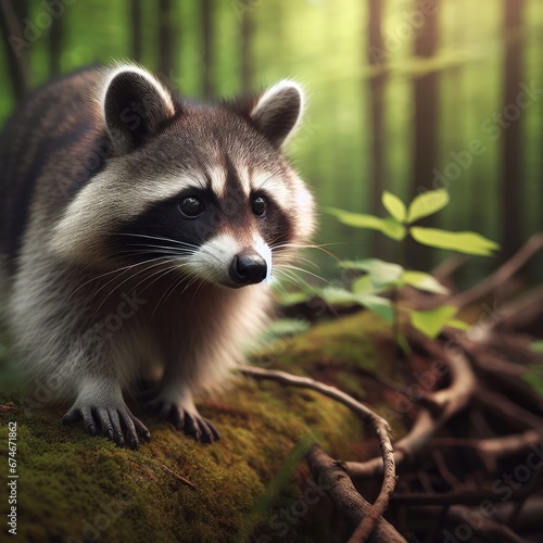 close up of a raccoon in the forest animal background for social media photo