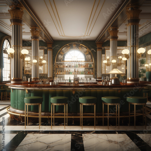 opulente detailreiche Bar Restaurant im artdeco Stil mit Barhockern und Marmorwand © SYLVIA