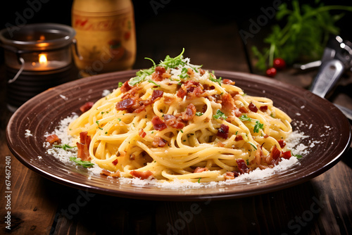 Plate with spaghetti carbonara on the wooden table