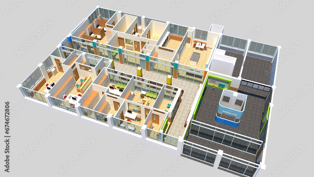 Naklejka premium interior design 3d modeling, 3d modeling of a modern office layout plan