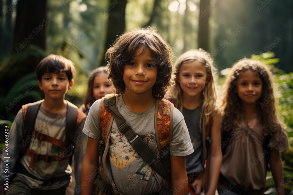 Group portrait of cheerful smiling multiethnic children summer forest. Happy boys and girls of different skin colors play and have fun together outdoors. Diversity and friendship concept. Group portrait of cheerful smiling multiethnic children summer forest. Happy boys and girls of different skin colors play and have fun together outdoors. Diversity and friendship concept.