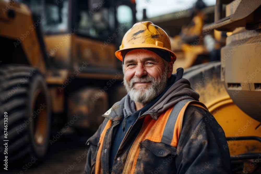 male industrial worker wearing a helmet in the background of excavator production working in an industrial factory. male industrial worker wearing a helmet in the background of excavator production working in an industrial factory.