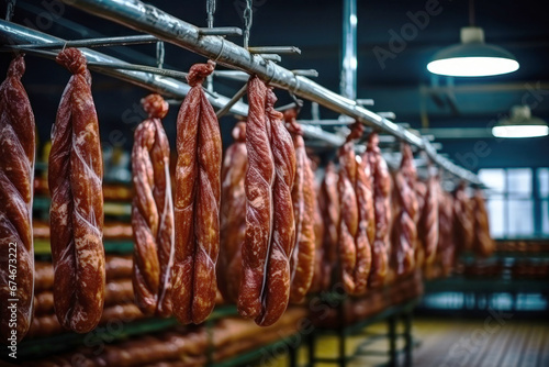 Photo of a display of hanging sausages in a market or butcher shop. Industrial smoking of sausages and meat products in a factory. sausage in the smokehouse. flavorful sausages.