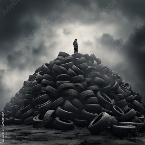 Man at top of pile of used old car tires. Dark sky on background. Environmental pollution concept.
