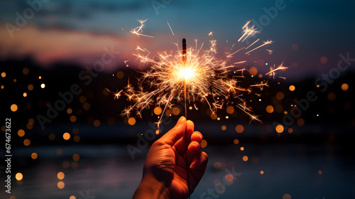 Hand holding a sparkler celebrating the new year - created with generative AI