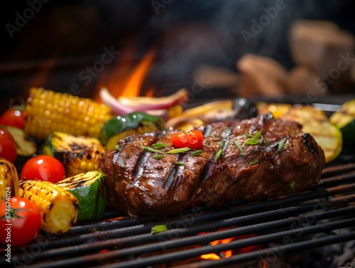Barbeque grilled meat steak with fire on blurred background