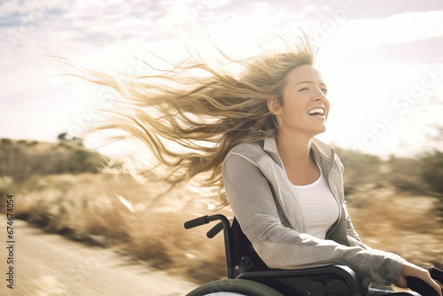 A disabled woman in a wheelchair enjoys life and the wind, her hair fluttering in the wind. Speed up and movement. Thirst for life and success.