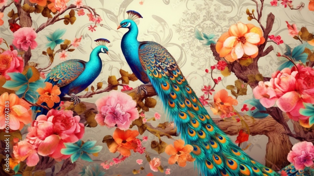 Exotic oriental pattern with peacocks and flowers in.Generative AI Exotic oriental pattern with peacocks and flowers in.Generative AI