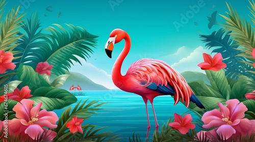 one flamingo on a blue or green background with tropi.Generative AI