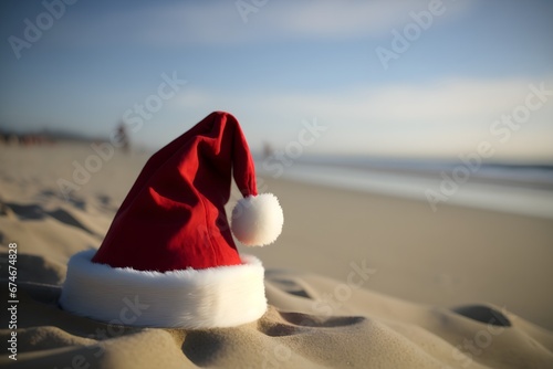 Red Santa hat on the sand of the beach