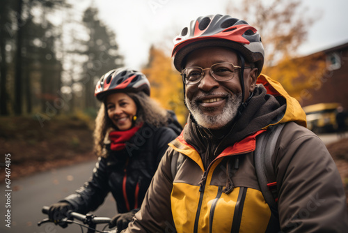 Portrait of elderly smiling African American couple riding bicycles together along picturesque country road. Cheerful seniors in bike helmets. Retired people lead active lifestyle to stay healthy.