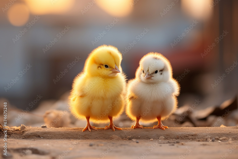 The photo of two little chicks buddy, yellow and black, staying together in a farm. Generative AI. The photo of two little chicks buddy, yellow and black, staying together in a farm. Generative AI.
