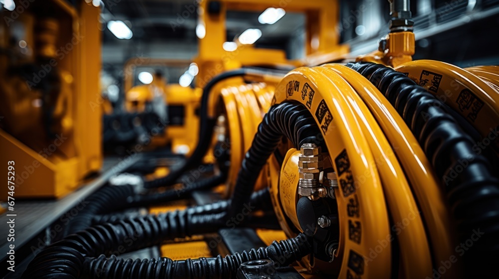 Fototapeta premium Hoses of modern hydraulic of drilling industrial excavator machine