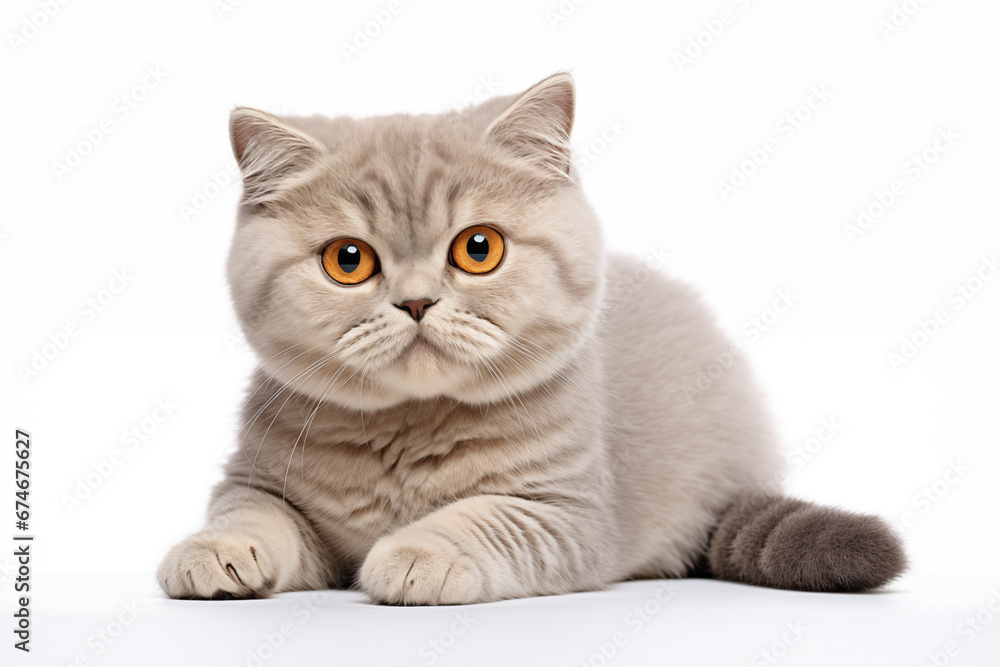 Cute Scottish Fold Cat with Striking Amber Eyes on White Background. isolated