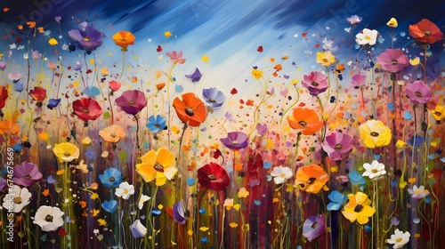 Wild flowers in a meadow, digital painting, panoramic image