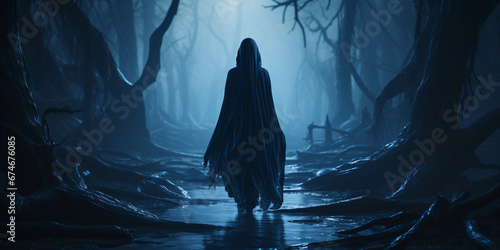 a lone figure walking in a mysterious forest