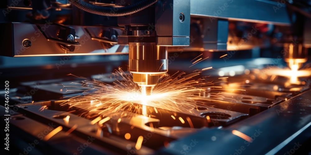 Fototapeta premium CNC Macro Laser Machine Spark Cutting Metal Sheets Industrial Signage Blue Steel Plasma Technology