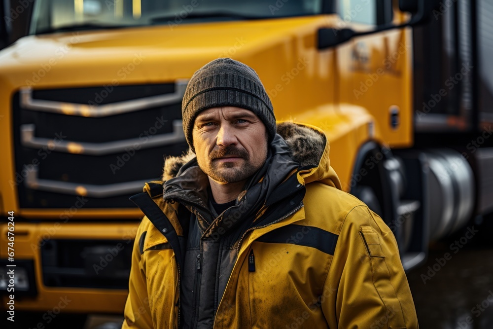 Man driver truck on background industry mining lorry. Concept professional industrial Man driver truck on background industry mining lorry. Concept professional industrial