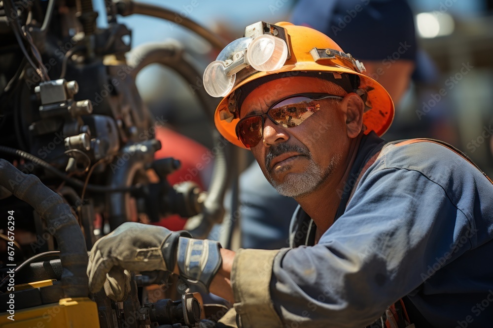 A hydraulic engineer is checking the safety on a newly installed pipe of a modern industrial machine. A hydraulic engineer is checking the safety on a newly installed pipe of a modern industrial machine.