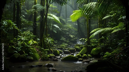 Panoramic view of a beautiful tropical rainforest with a stream