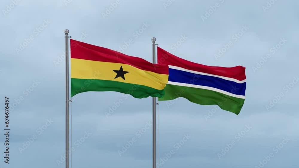 Gambia flag and Ghana flag waving together on cloudy sky, endless seamless loop, two country relations concept Gambia flag and Ghana flag waving together on cloudy sky, endless seamless loop, two country relations concept