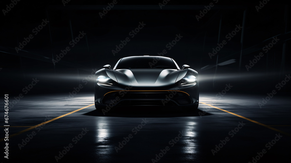 Luxury expensive car parked on dark background. Sport and modern luxury design gray car. Shiny clean lines and detailed front view of modern automotive. Automotive advertising banner. - obrazy, fototapety, plakaty 
