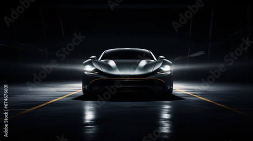 Luxury expensive car parked on dark background. Sport and modern luxury design gray car. Shiny clean lines and detailed front view of modern automotive. Automotive advertising banner. © Artinun