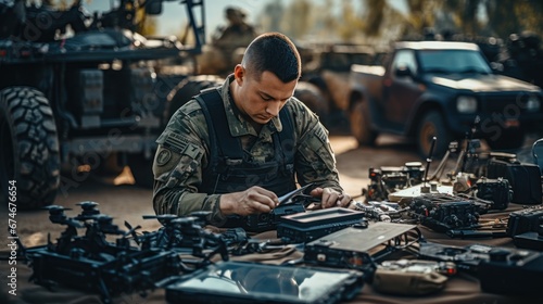 Mobile military base, soldier engineer transmits aerial pictures and data from drone to artillery.
