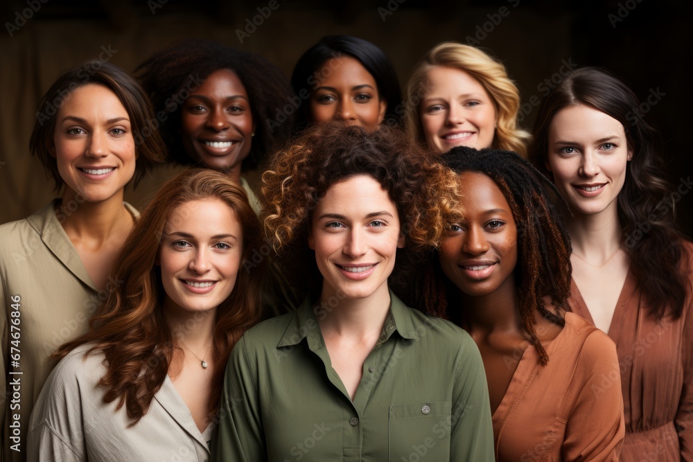 Studio portrait of eight cheerful young diverse multiethnic women. Female friends in beautiful dresses smiling at camera while posing together. Diversity, beauty, friendship concept. Black background. Studio portrait of eight cheerful young diverse multiethnic women. Female friends in beautiful dresses smiling at camera while posing together. Diversity, beauty, friendship concept. Black background.