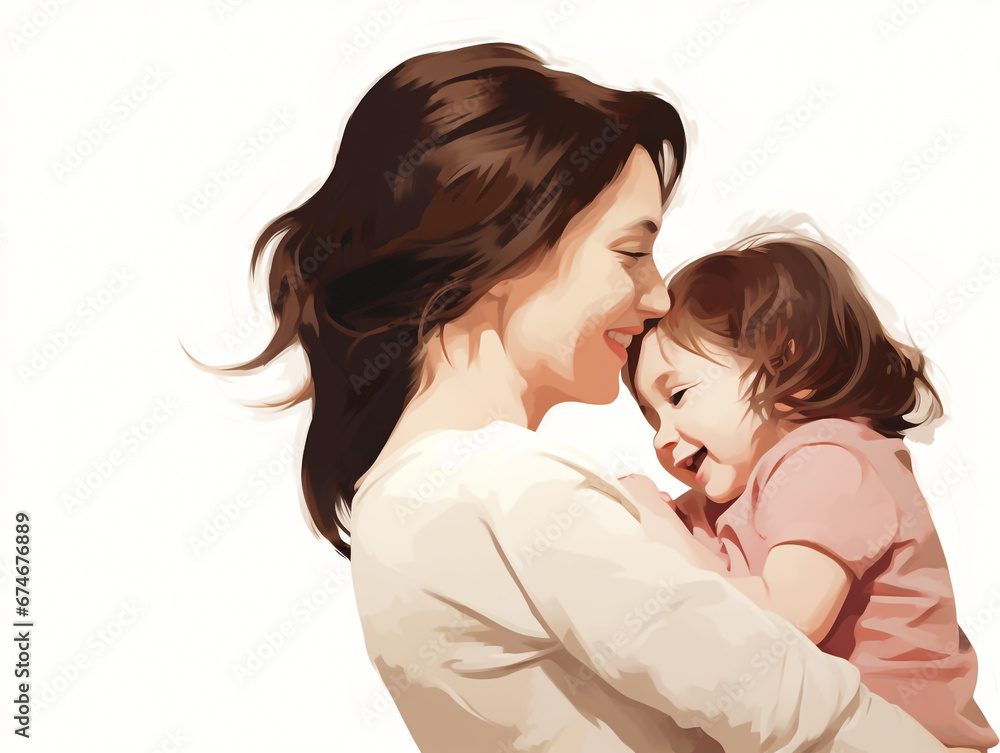 2D illustration of a happy mother and child together. Full of love. Isolated on white background. 2D illustration of a happy mother and child together. Full of love. Isolated on white background.