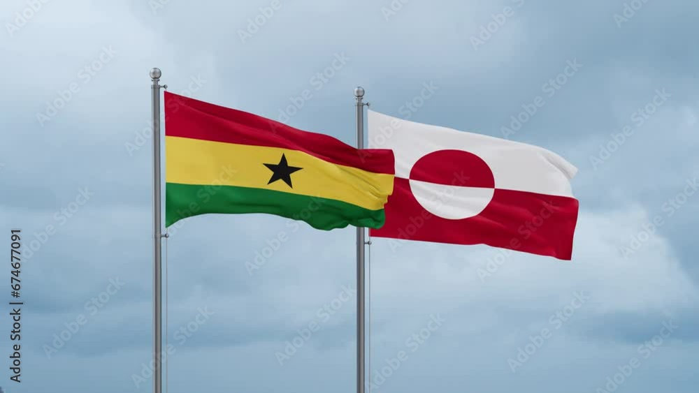 Greenland flag and Ghana flag waving together on cloudy sky, endless seamless loop, two country relations concept Greenland flag and Ghana flag waving together on cloudy sky, endless seamless loop, two country relations concept