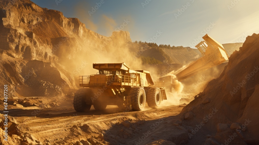 Sand quarry banner, Industrial plant with belt conveyor in open pit mining. - obrazy, fototapety, plakaty 