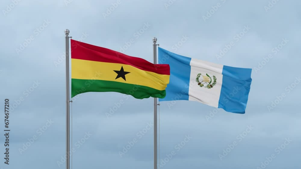 Guatemala flag and Ghana flag waving together on cloudy sky, endless seamless loop, two country relations concept Guatemala flag and Ghana flag waving together on cloudy sky, endless seamless loop, two country relations concept