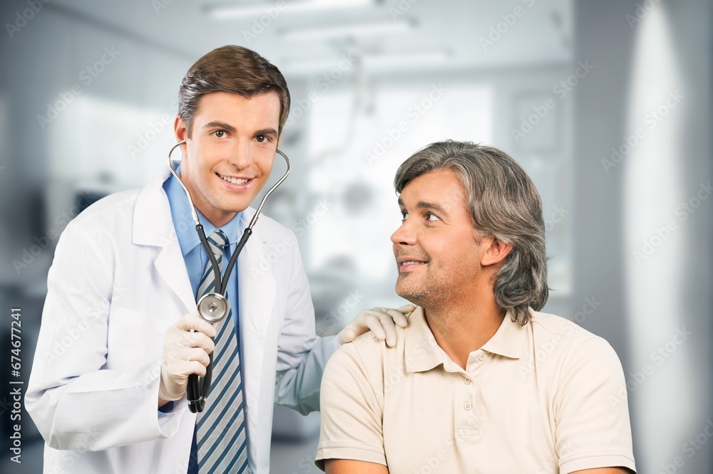 Healthcare concept, man and happy doctor talking