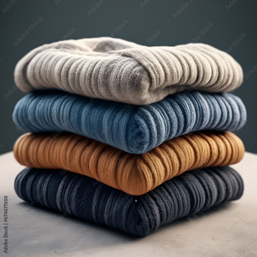 Knitted sweaters of different colors are folded and lie on a wooden table in a pile one on top of the other. Knitted sweaters of different colors are folded and lie on a wooden table in a pile one on top of the other.