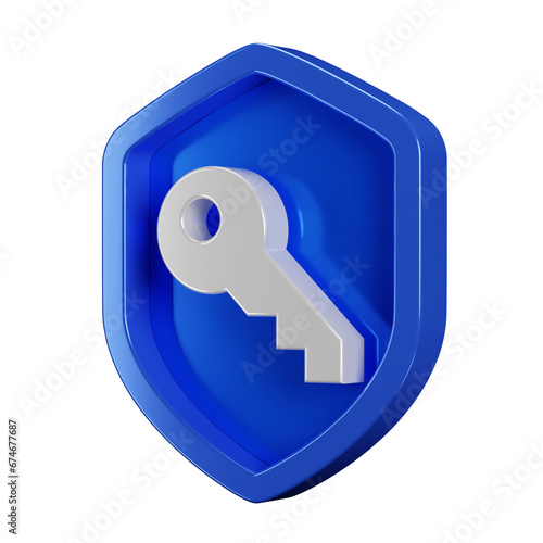 Silver key icon with 3d security blue shield on transparent background. Password safety sign. Internet and data concept badge illustration. (ID: 674677687)