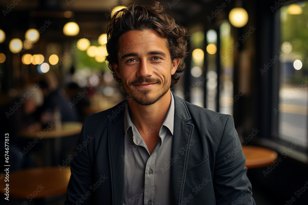 Coffee shop owner standing in his cozy cafe created with generative ai technology Coffee shop owner standing in his cozy cafe created with generative ai technology