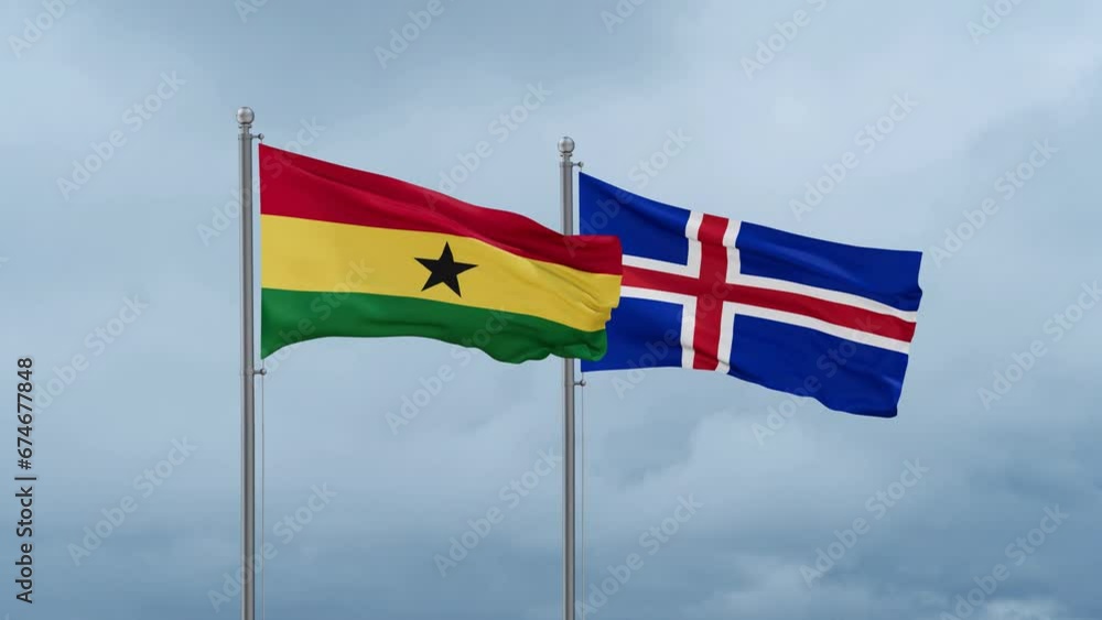 Iceland and Ghana flag waving together on cloudy sky, endless seamless loop, two country cooperation concept Iceland and Ghana flag waving together on cloudy sky, endless seamless loop, two country cooperation concept