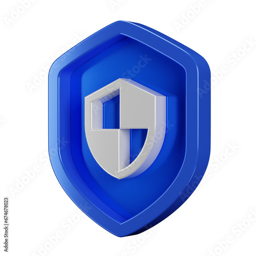Silver security icon with 3d blue shield on transparent background. Defense safety sign. Internet and data protection concept badge illustration. (ID: 674678023)