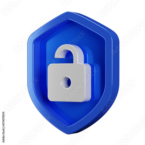 Silver unlock icon with 3d security blue shield on transparent background. Password safety sign. Internet and data concept badge illustration. (ID: 674678034)