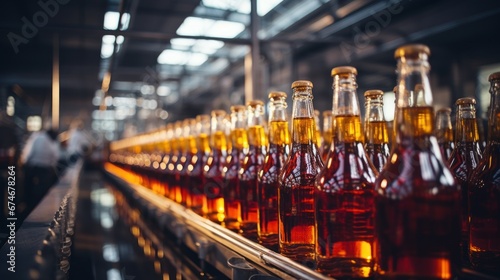 Brown plastic bottles with beer moving on a conveyor belt Production line of modern food industry brewery