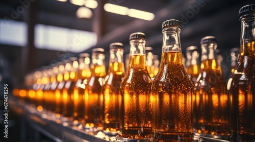 Brown plastic bottles with beer moving on a conveyor belt Production line of modern food industry brewery