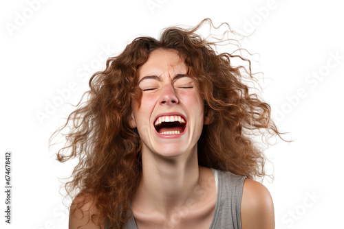Studio portrait of upper half of a young woman showing facial expressions isolated on transparent png background. Human emotions, Face expressions.