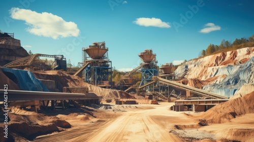 Sand quarry banner, Industrial plant with belt conveyor in open pit mining.