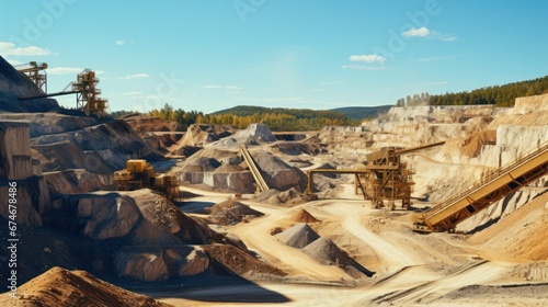 Sand quarry banner, Industrial plant with belt conveyor in open pit mining.