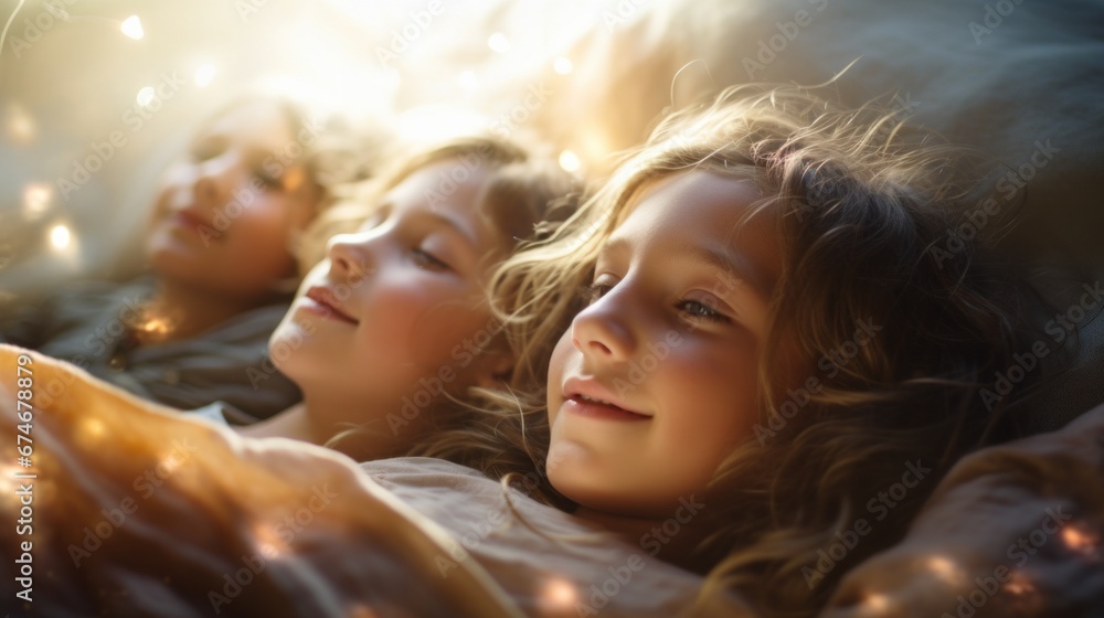 Two little girls laying in bed with their eyes closed, AI Stock Photo ...
